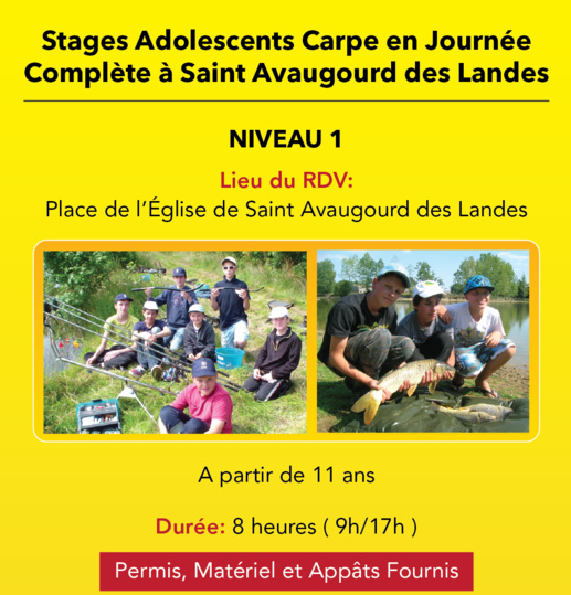 Stages Adolescents Pêche de la Carpe en Journée Complète, en Vendée, Niveau 1 