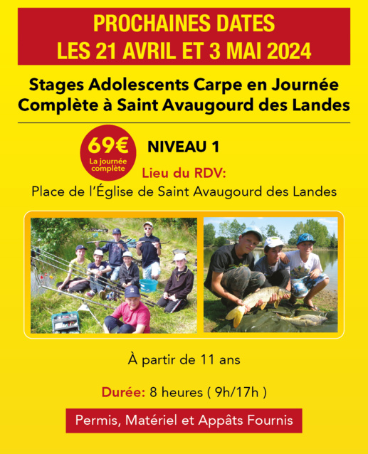 Stages Adolescents Pêche des Carpeaux en Journée Complète, en Vendée, Niveau 1