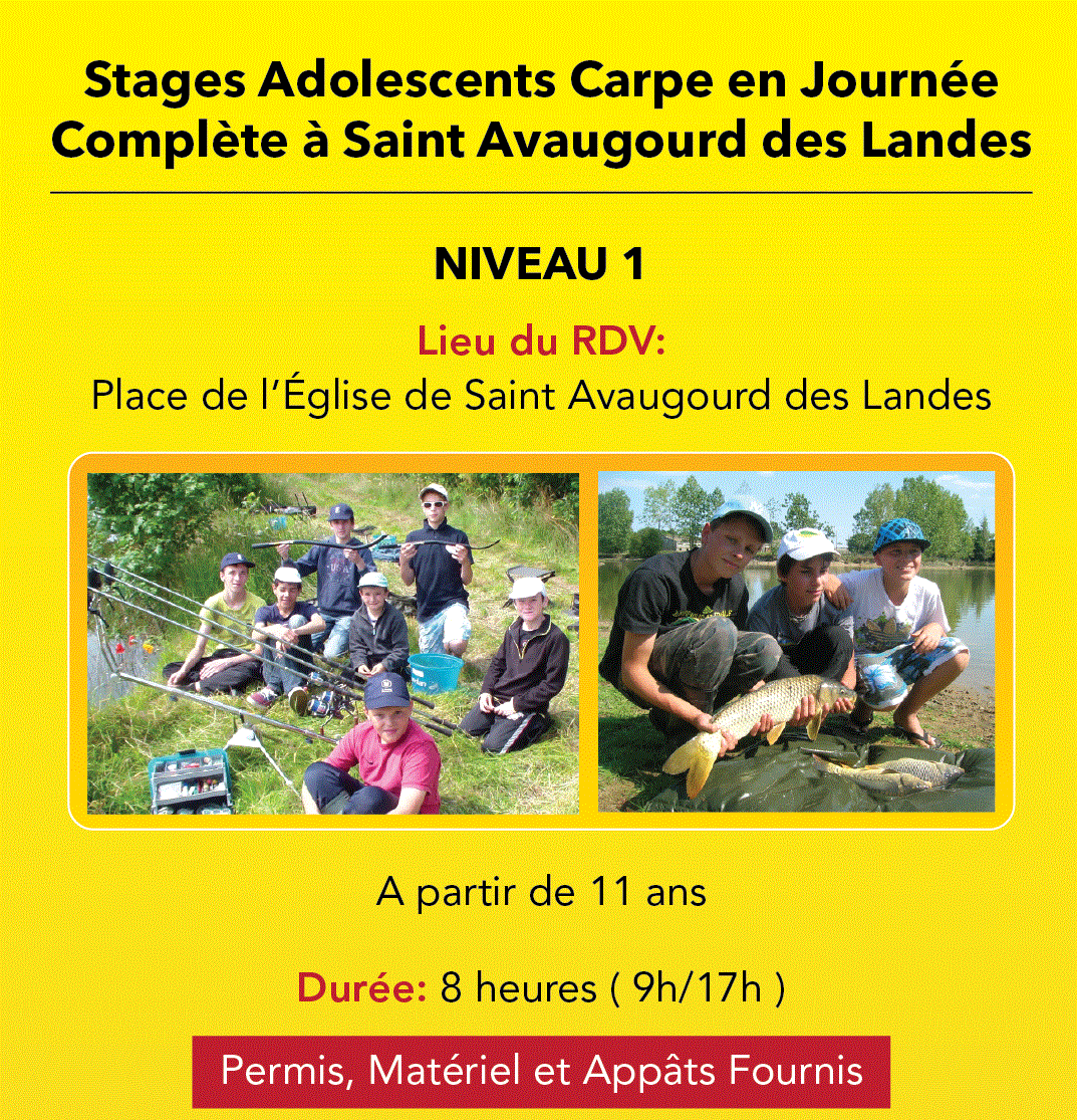 Stages Adolescents Pêche des Carpeaux en Journée Complète, en Vendée, Niveau 1